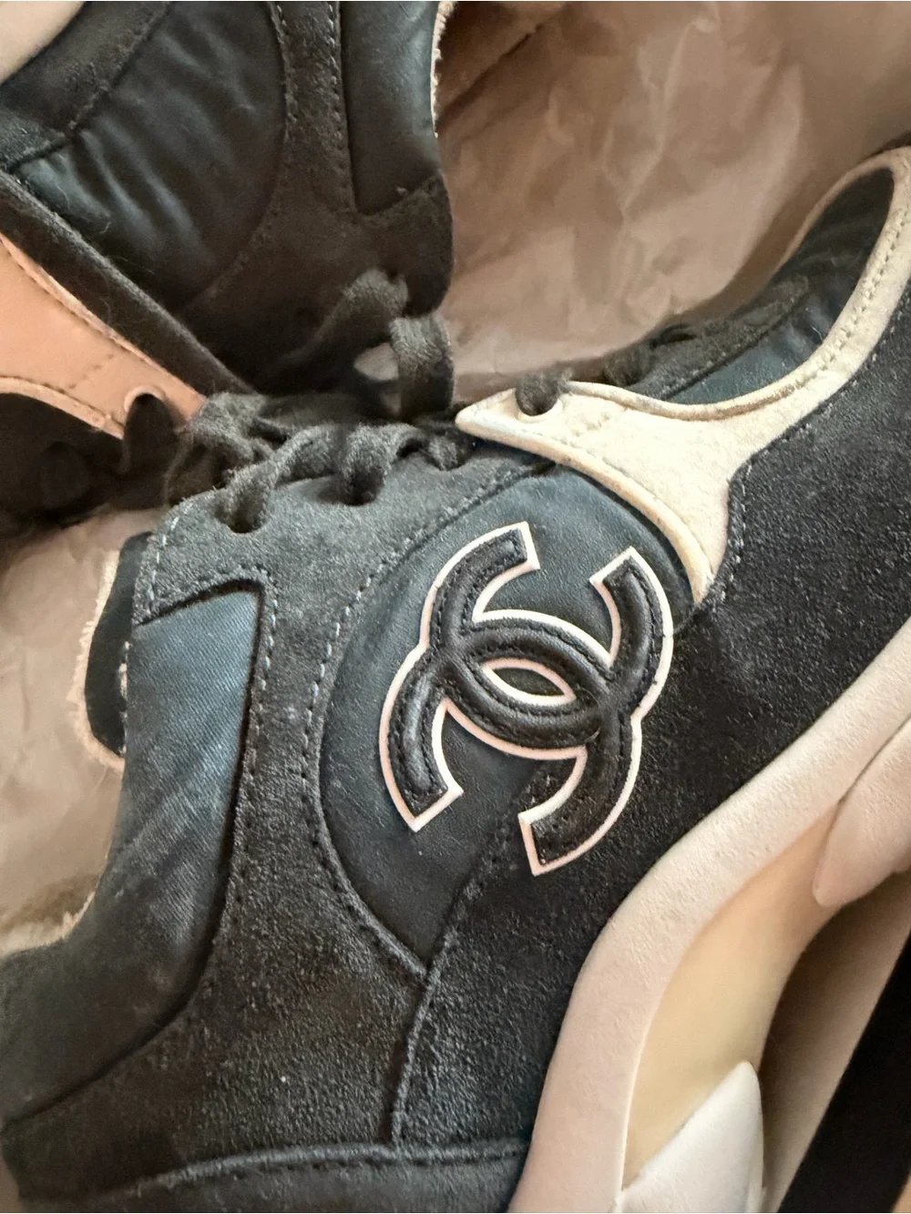 CHANEL ash blue  and White CC Emblem Chunky Sneakers